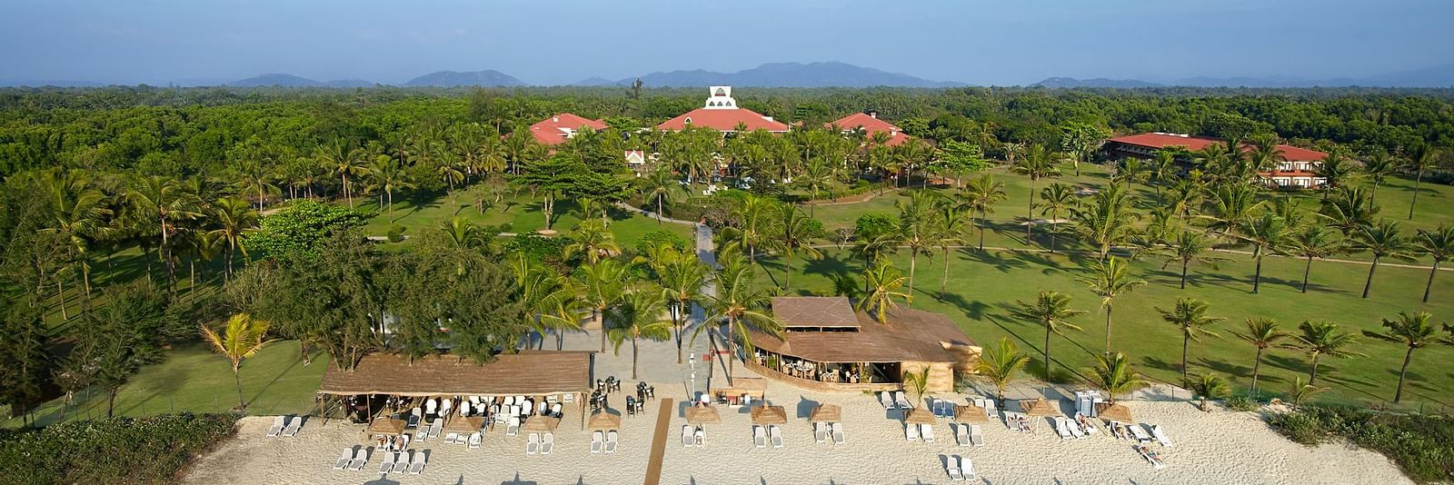 Beachfront resort with loungers, palm trees, and scenic ocean views